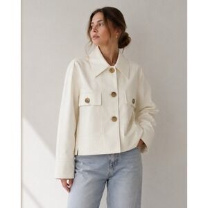 Elena Wang Cream Faux Leather Boxy Jacket Off White Button Front L